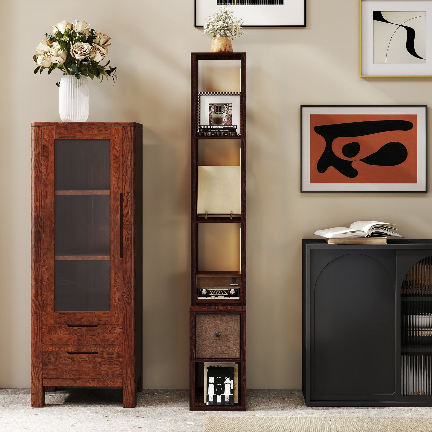 Floor Lamp with Shelves, LED Standing Lamp with Fabric Drawer, Brown