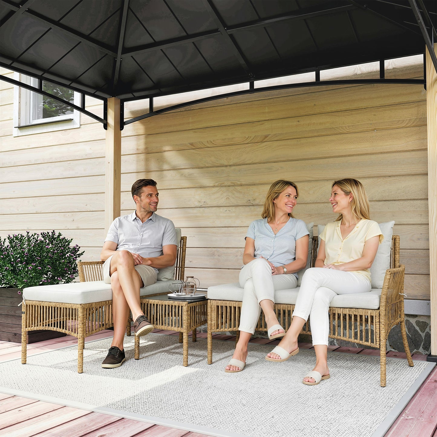 3 Piece Rattan Garden Furniture Set with Cushions, Natural Wood