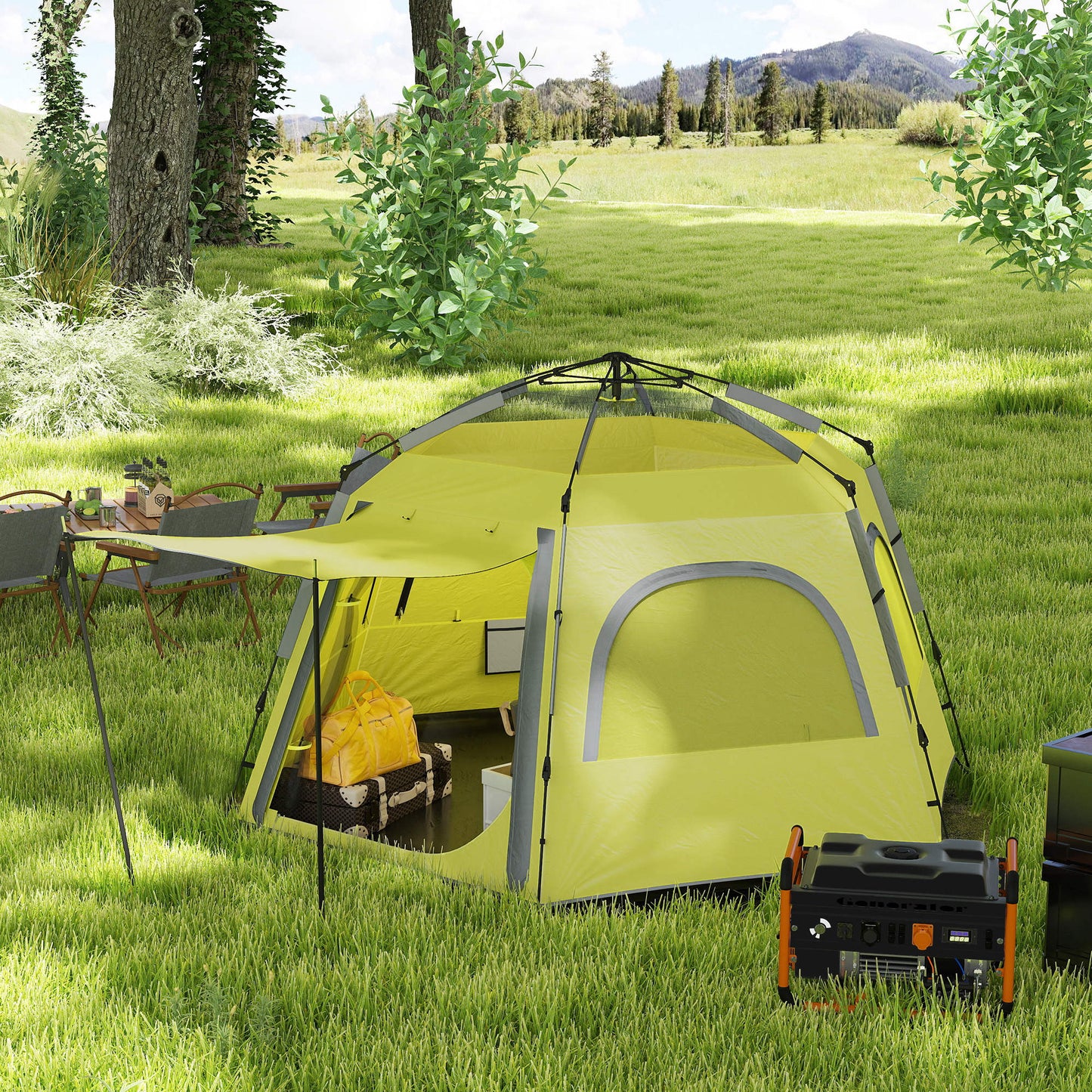 Instant Camping Tent, 4 Person Easy Setup Dome Tent, Yellow Green