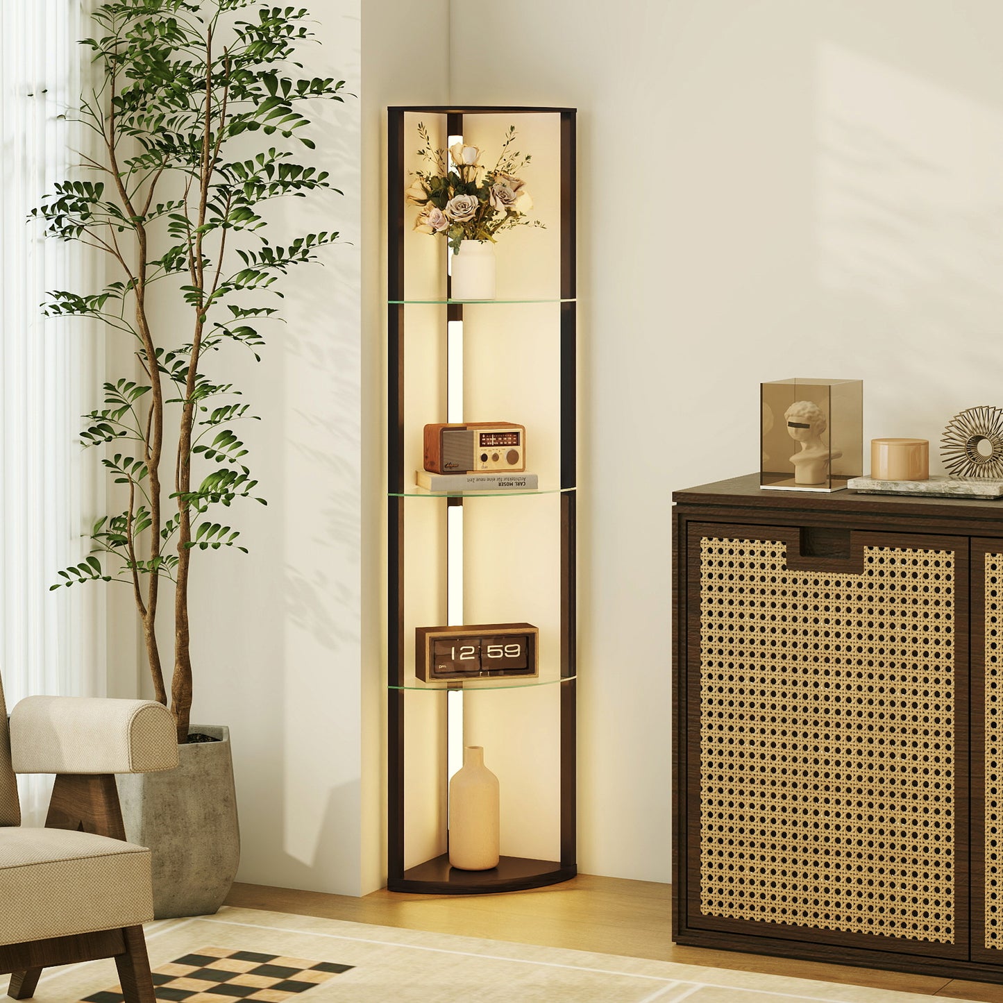 LED Floor Lamp with Shelves, Dimmable Standing Lamp with Foot Switch