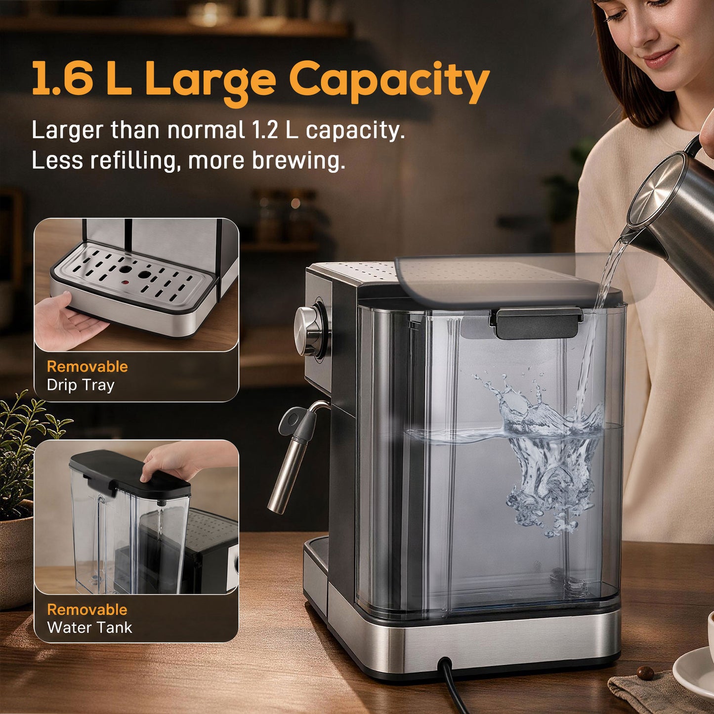 Espresso Machine, 20-Bar, 1.6 L Tank, LED Touch, Black