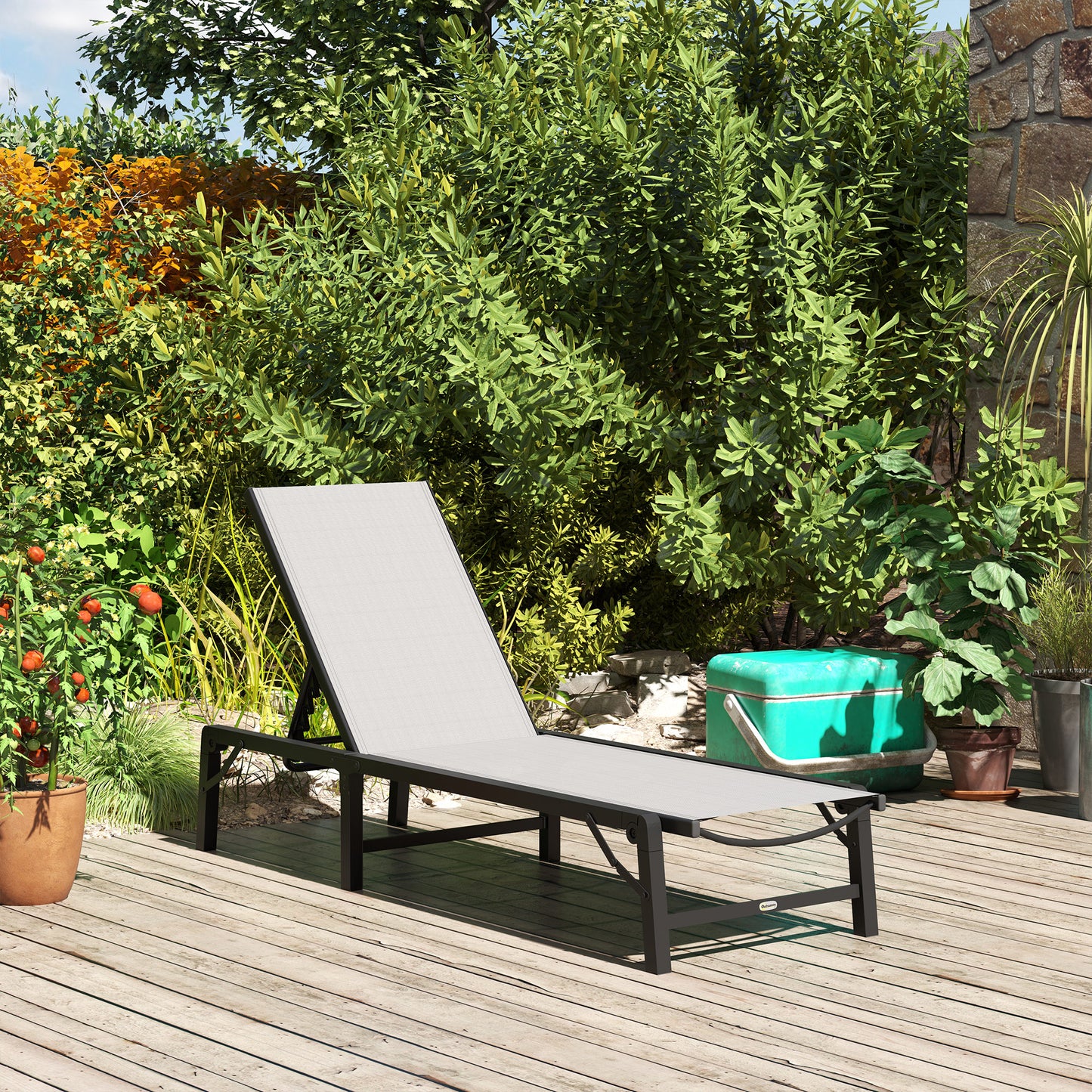 Folding Sun Lounger, 5-Position Adjustable Bed, Light Grey