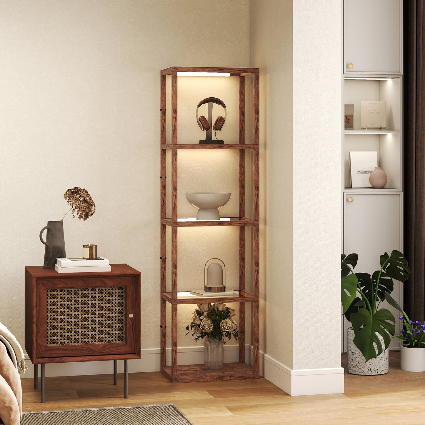 LED Floor Lamp with Glass Shelves, Dimmable Room Lamp, Rustic Brown