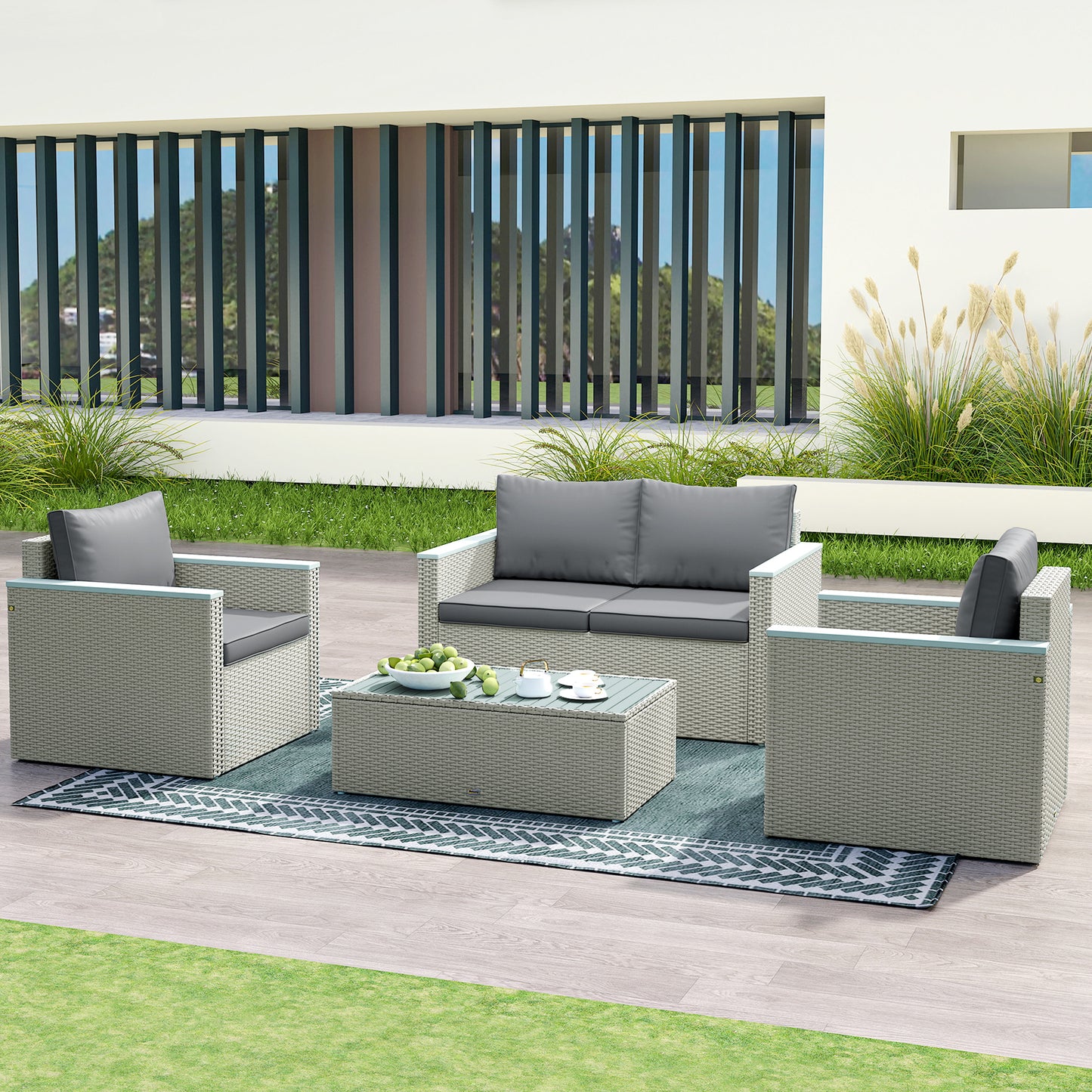 4 Piece Rattan Garden Furniture Set with Cushions, Light Grey