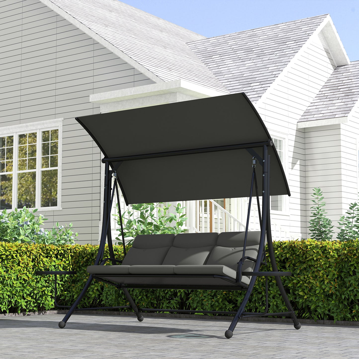 3 Seat Garden Swing Chair Steel w/ Adjustable Canopy and Coffee Tables