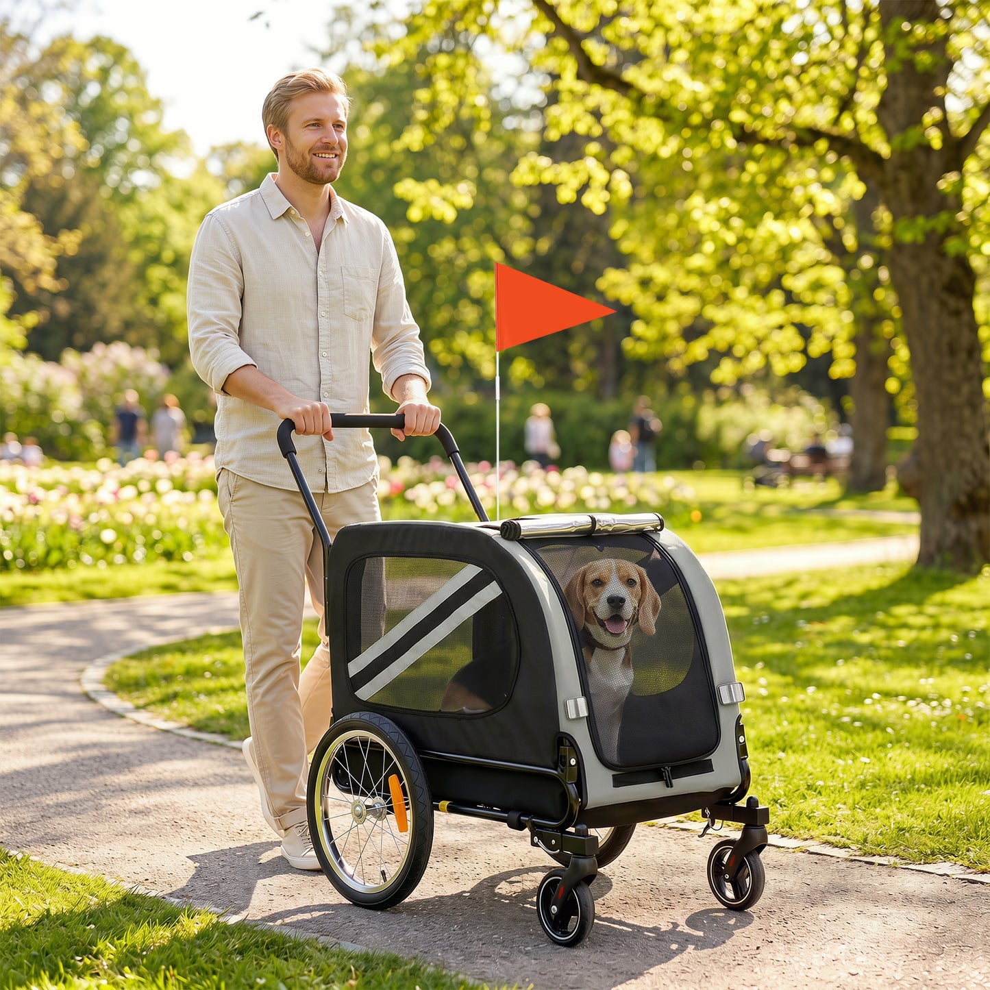 Dog Bike Trailer, 2 in 1 Foldable Pet Stroller Security Harness, Reflectors, Quick Release Wheels, Flag, for Medium Dogs, 134L x 60W x 101H cm, Grey
