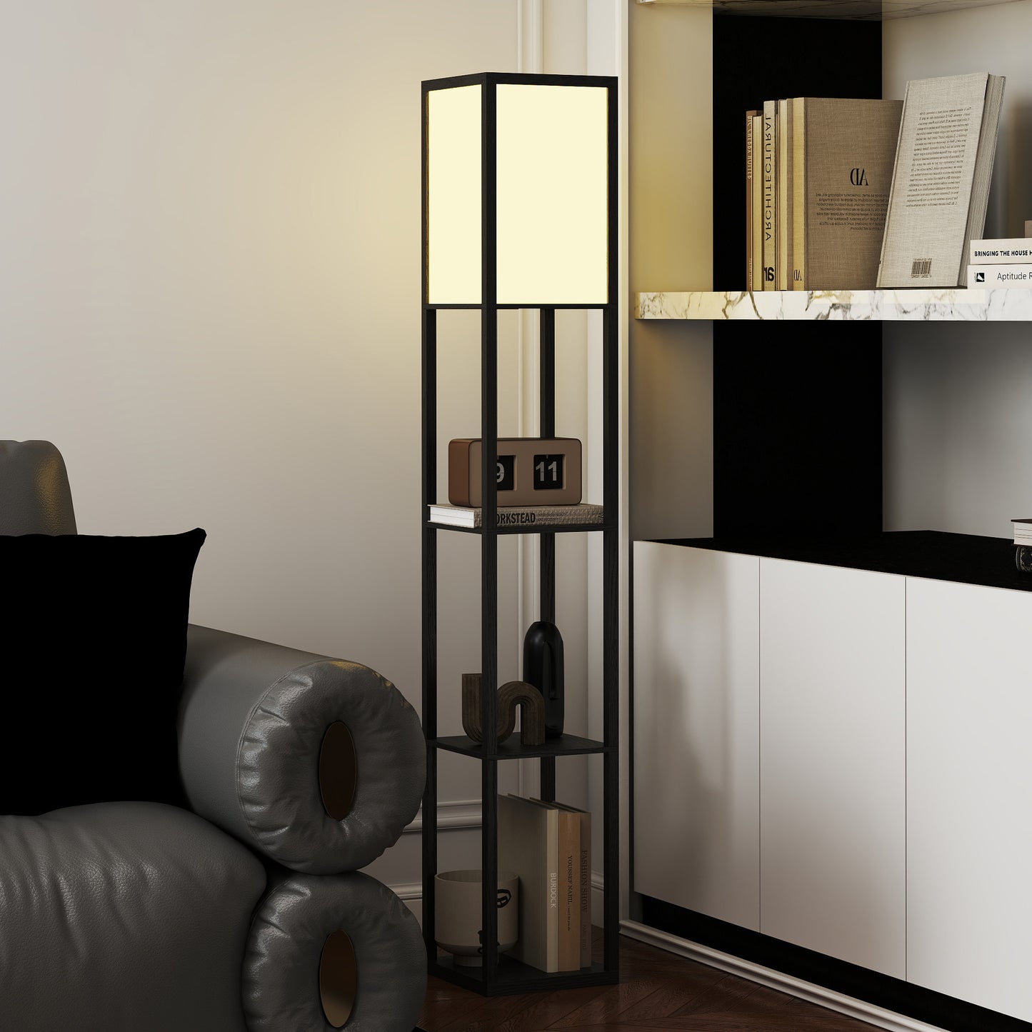 Floor Lamp with 3-Tier Storage Shelf for Home Office, Black
