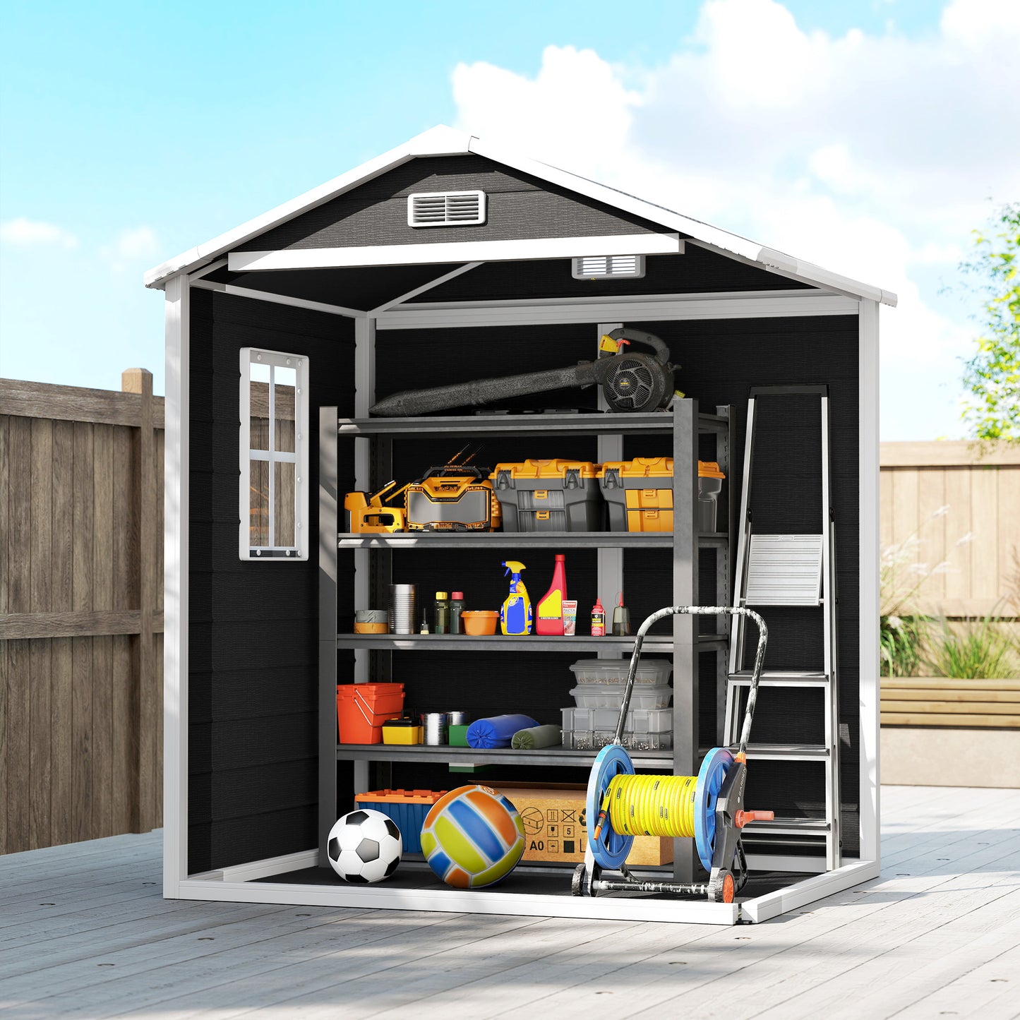 Garden Shed 6'x4.5' Plastic Tool Storage House w/ Lockable Double Doors