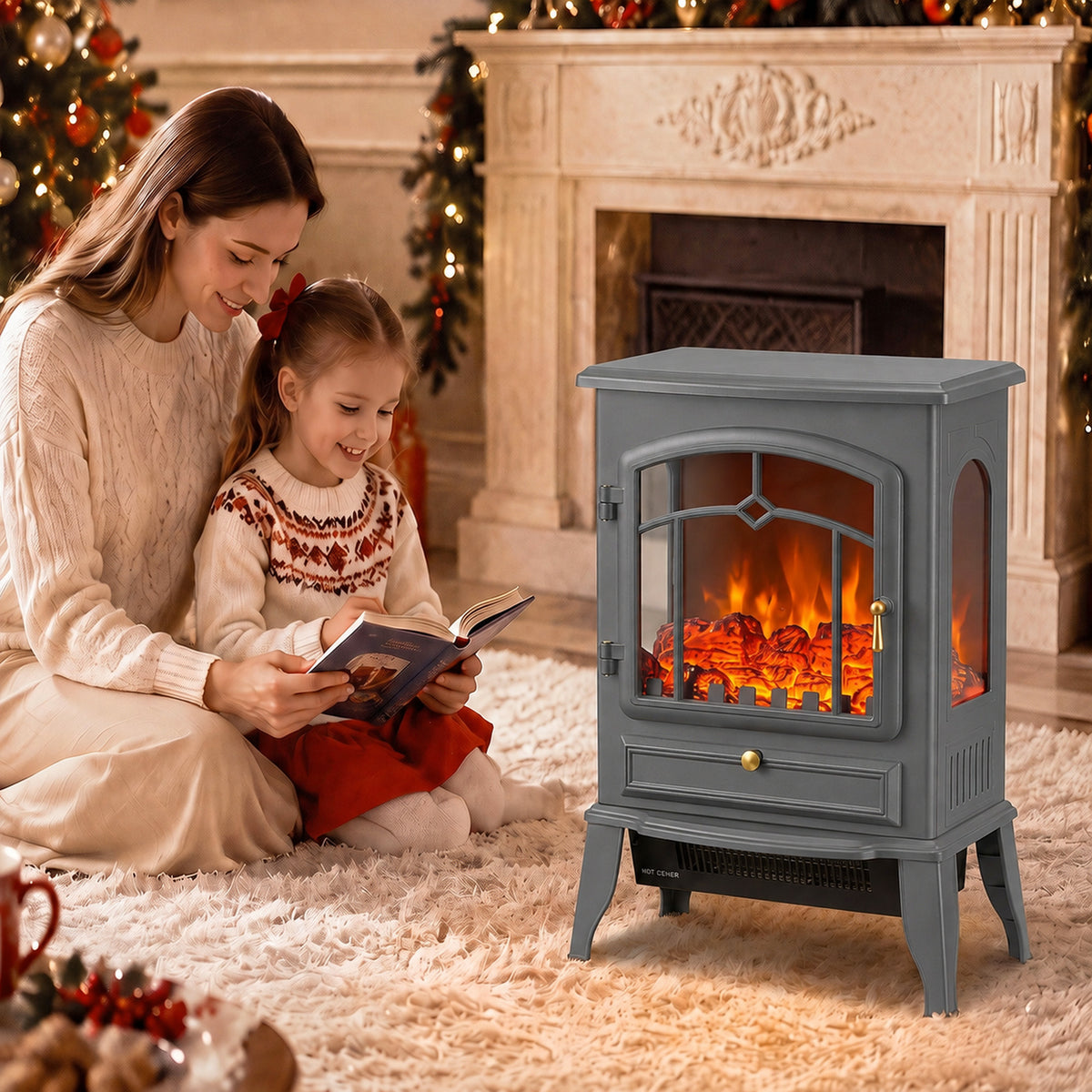 2000W Freestanding Electric Stove with 3-Sided Log Flame Effect - Grey
