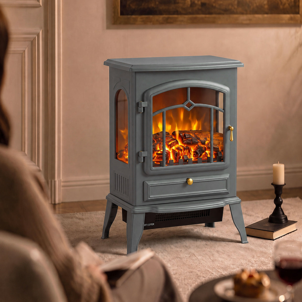 2000W Freestanding Electric Stove with 3-Sided Log Flame Effect - Grey