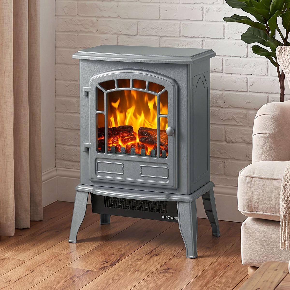 Freestanding Electric Fireplace Stove with LED Flame, 2000W, Grey