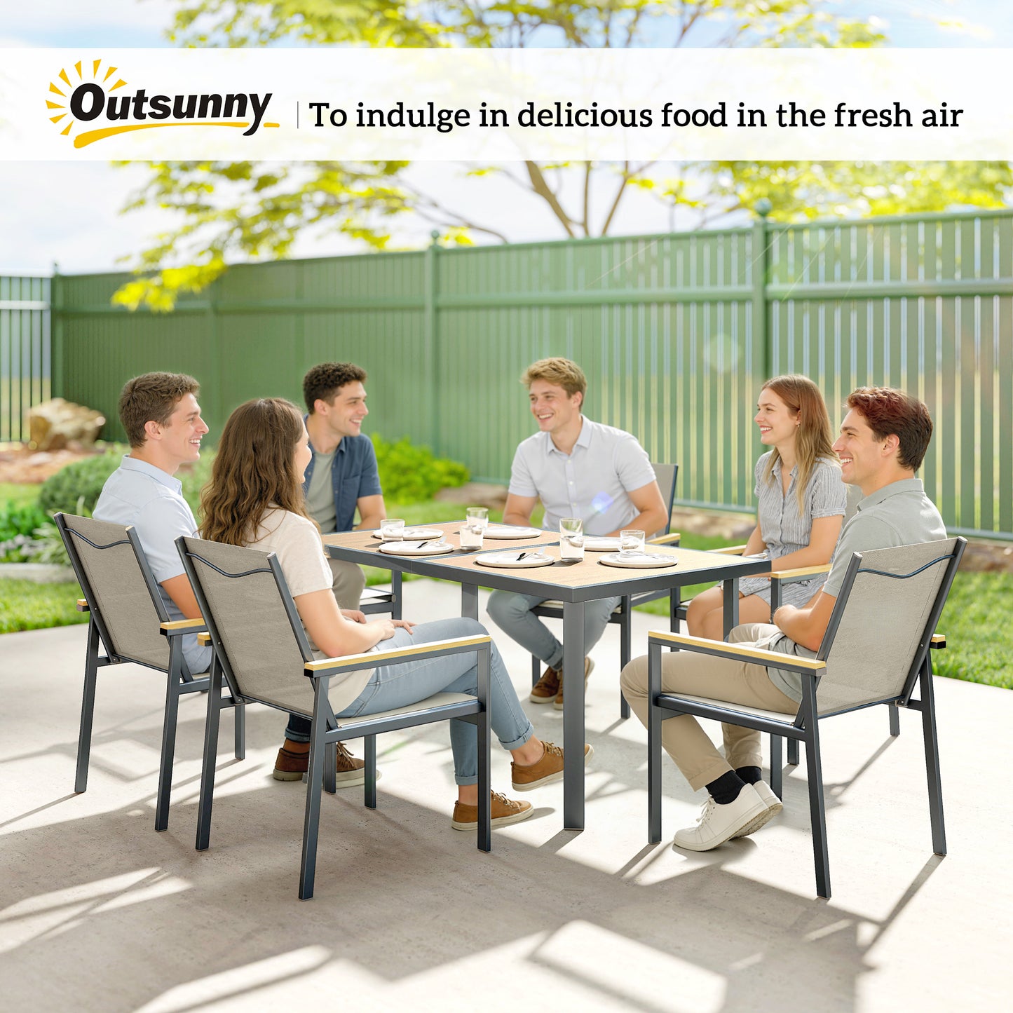 7 Piece Garden Dining Set, Outdoor Table and 6 Chairs, Khaki