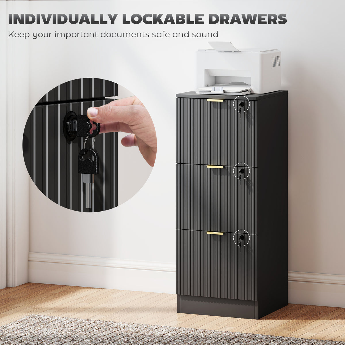 Filing Cabinet, File Cabinet with 3 Lockable Drawers and Hanging Rails