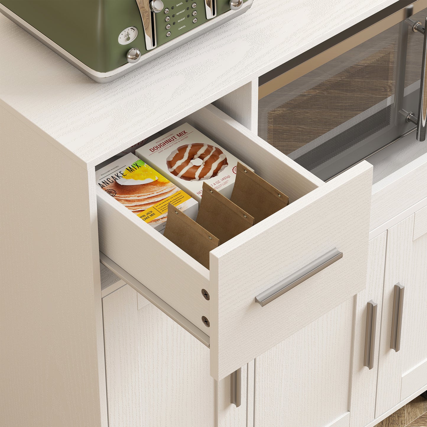 Rolling Kitchen Cart, Microwave Cabinet, Sliding Tray, Drawer, 3-Door Cupboards, Adjustable Shelf, Open Compartment, Kitchen Island, Dining Room, White