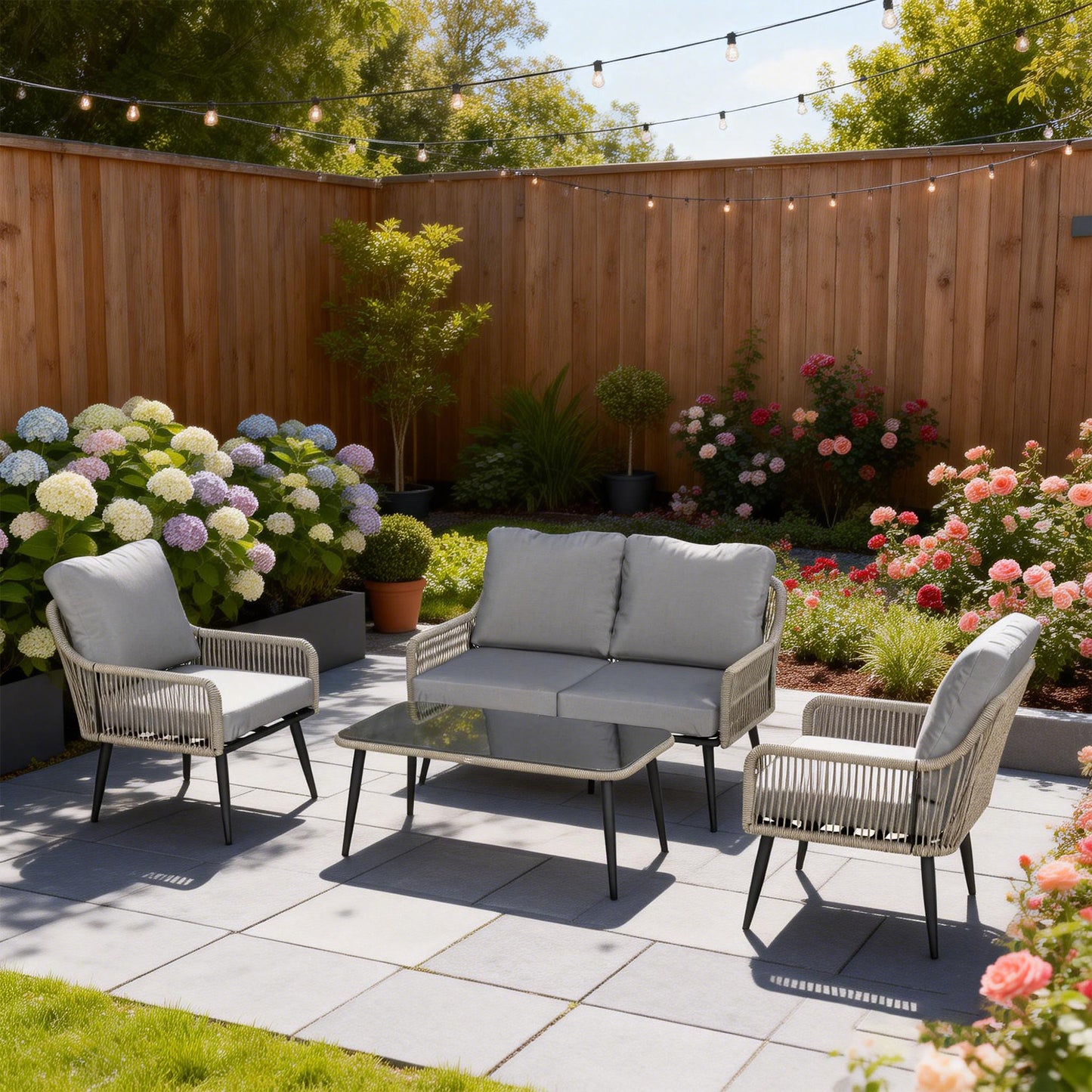 Rattan Garden Furniture Set, Tempered Glass with 3 Chairs