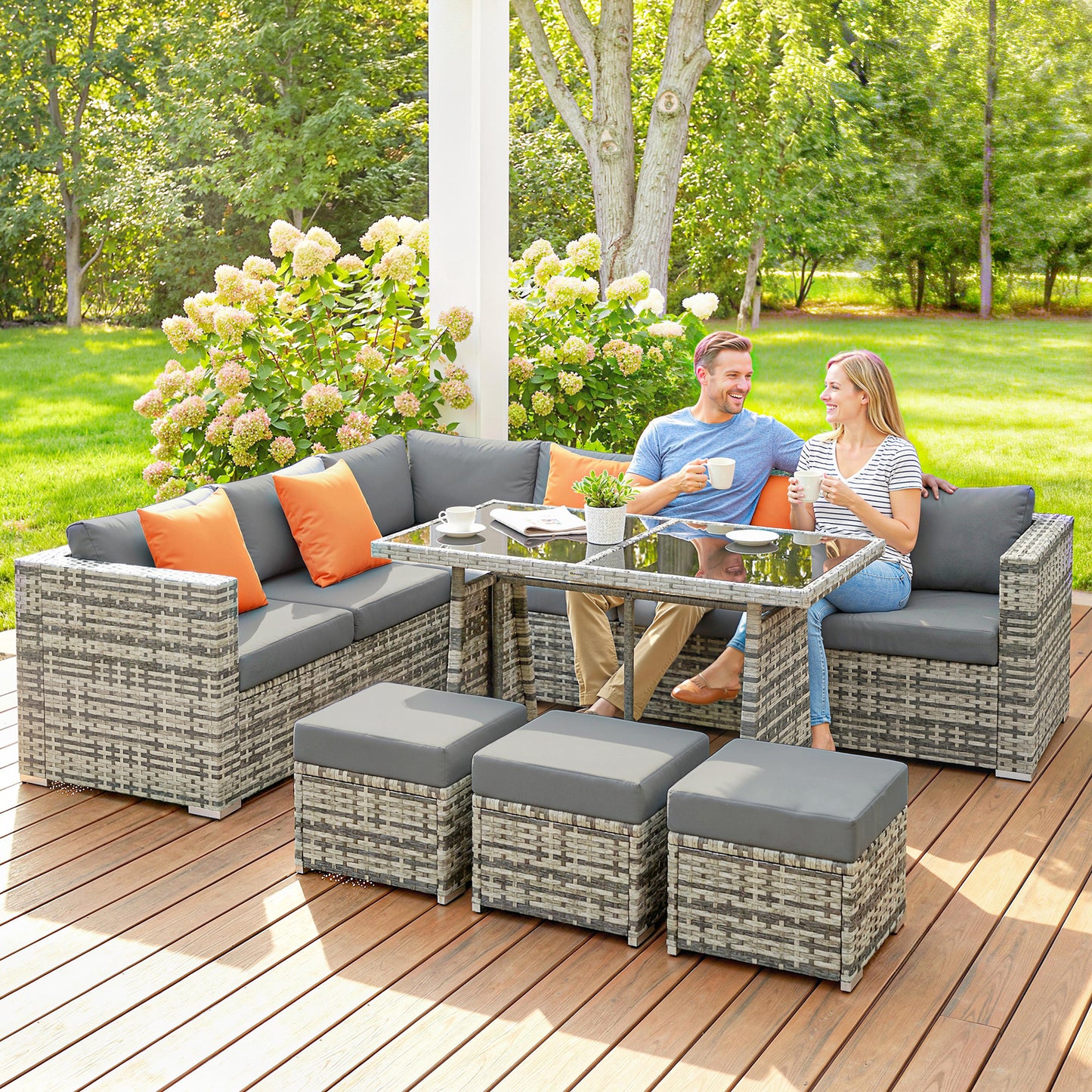 10 Piece Rattan Garden Furniture Set, 2 Corner Sofas with 4 Chairs, 4 Stools and Coffee Table, Outdoor Patio Furniture
