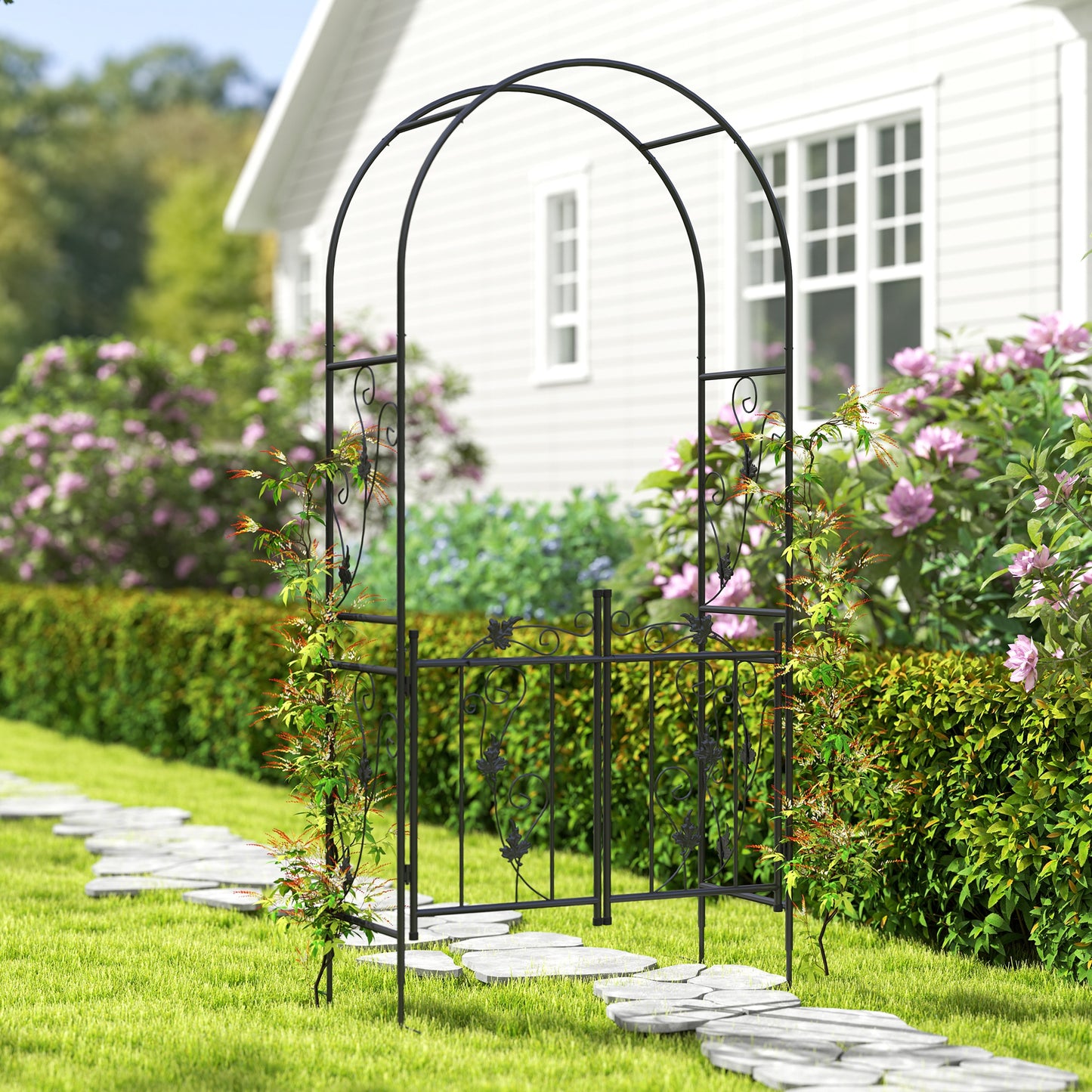 2.17m Steel Garden Arch with Double Gate, Garden Arbor Trellis, Black