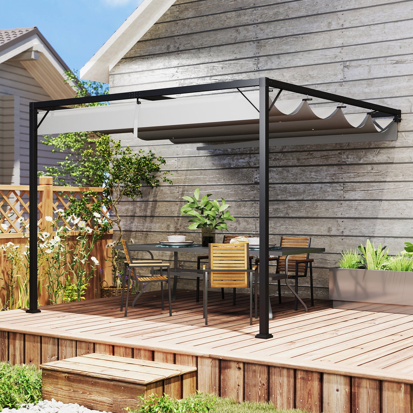 3 x 3(m) Outdoor Pergola Retractable Canopy Wall Mounted, Grey
