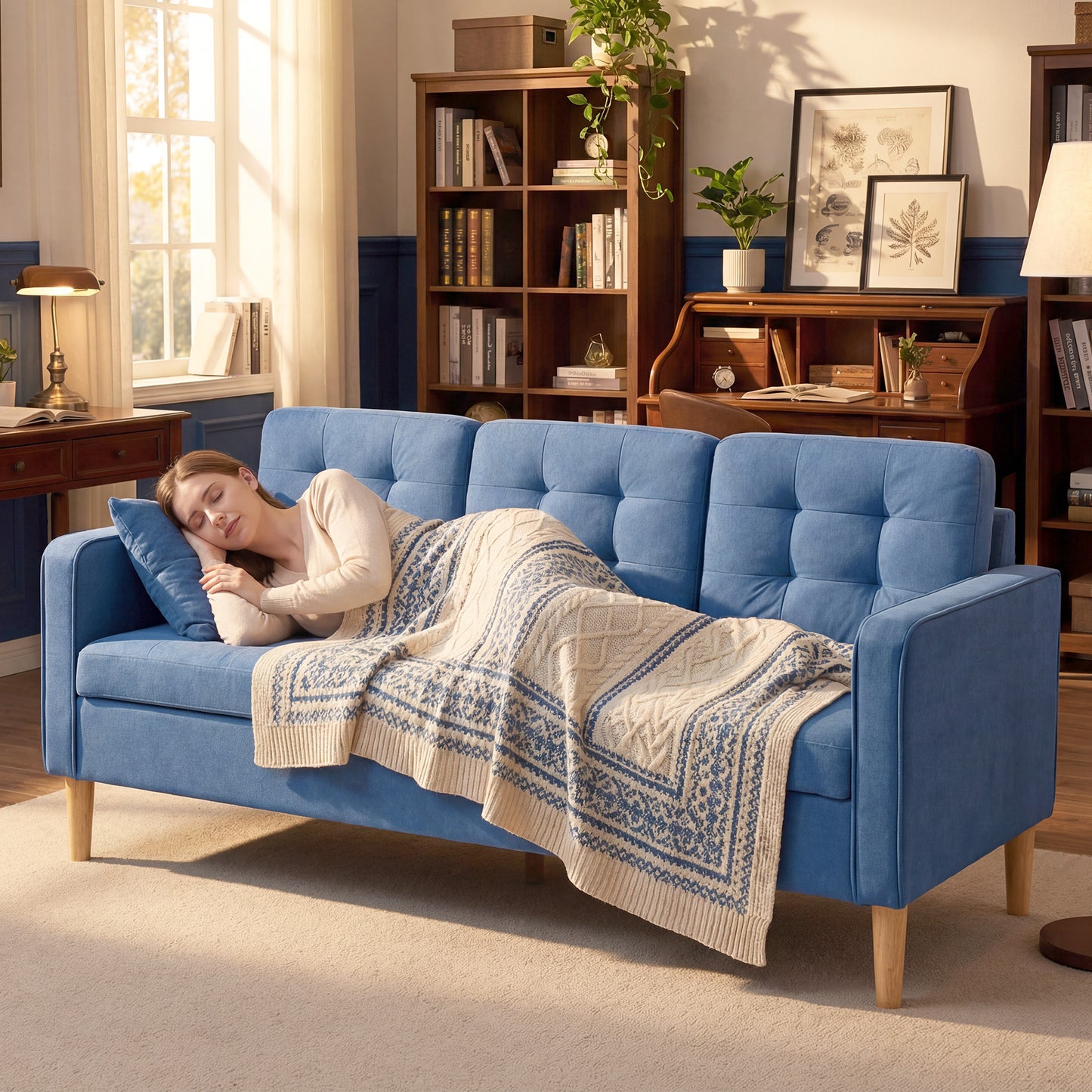 Modern 3 Seater Sofa with Hidden Storage and Rubber Wood Legs, Blue