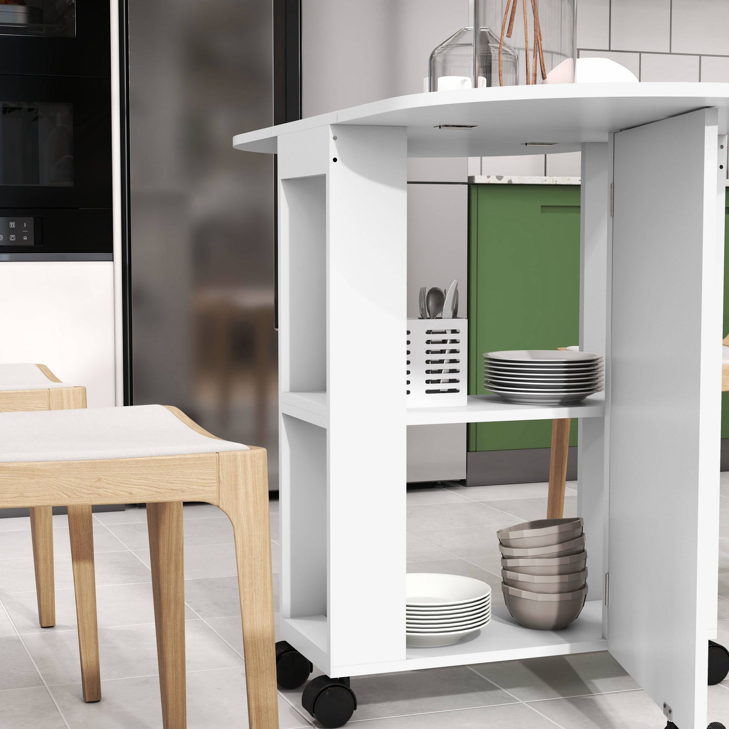 Folding Dining Table for Small Spaces with 2-tier Shelves White