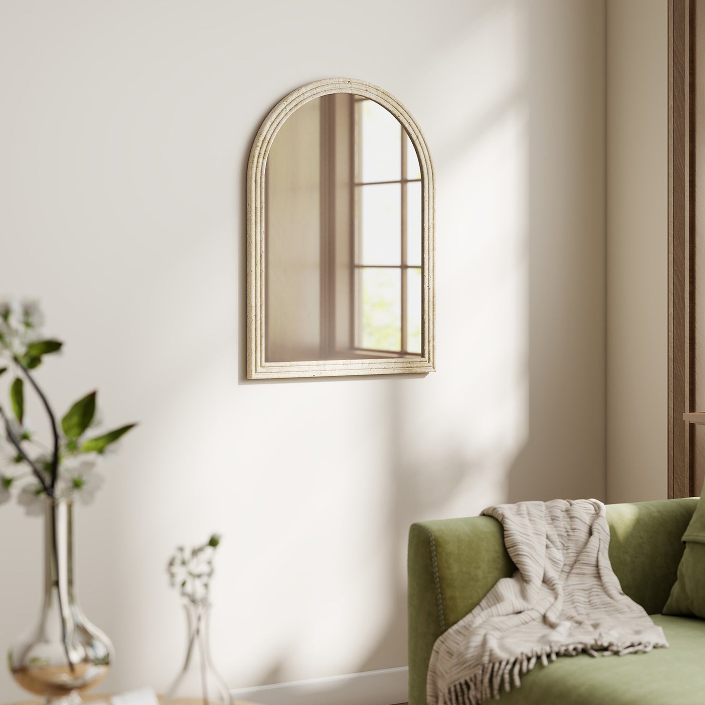 Arched Wall Mirror with Modern Tempered Glass & Polystyrene Beige