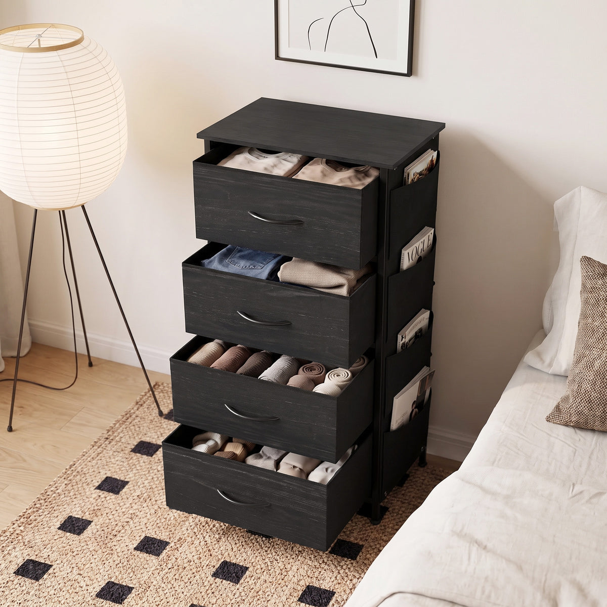Fabric Chest of Drawers, 4 Drawer Dresser for Bedroom, Black