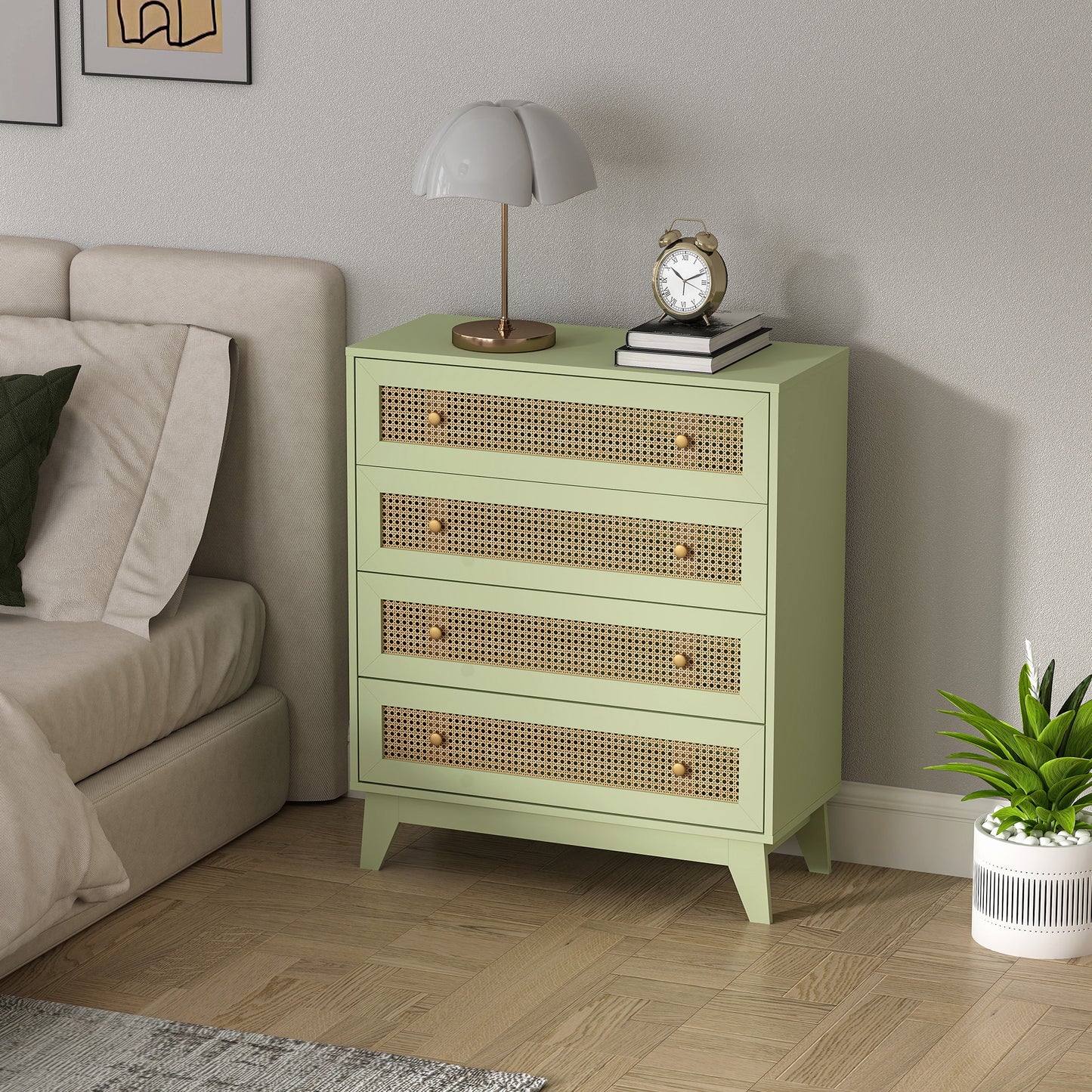 Chest of Drawers, 4 Drawer Unit Storage Organiser with Rattan Element