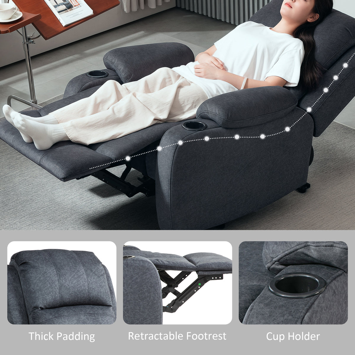 Microfibre Recliner Chair with Footrest and 2 Cup Holders - Black
