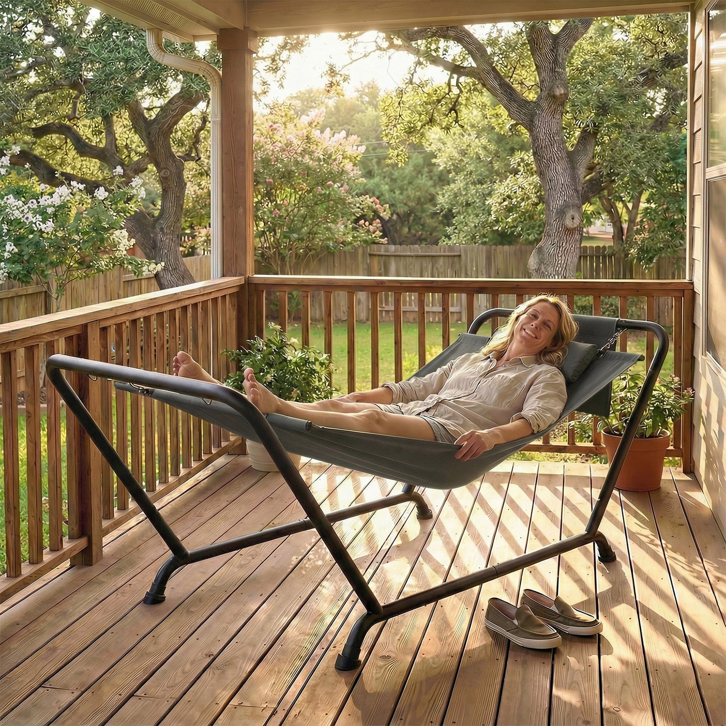 Outdoor Hammock with Stand with Side Pocket, Headrest, Dark Grey