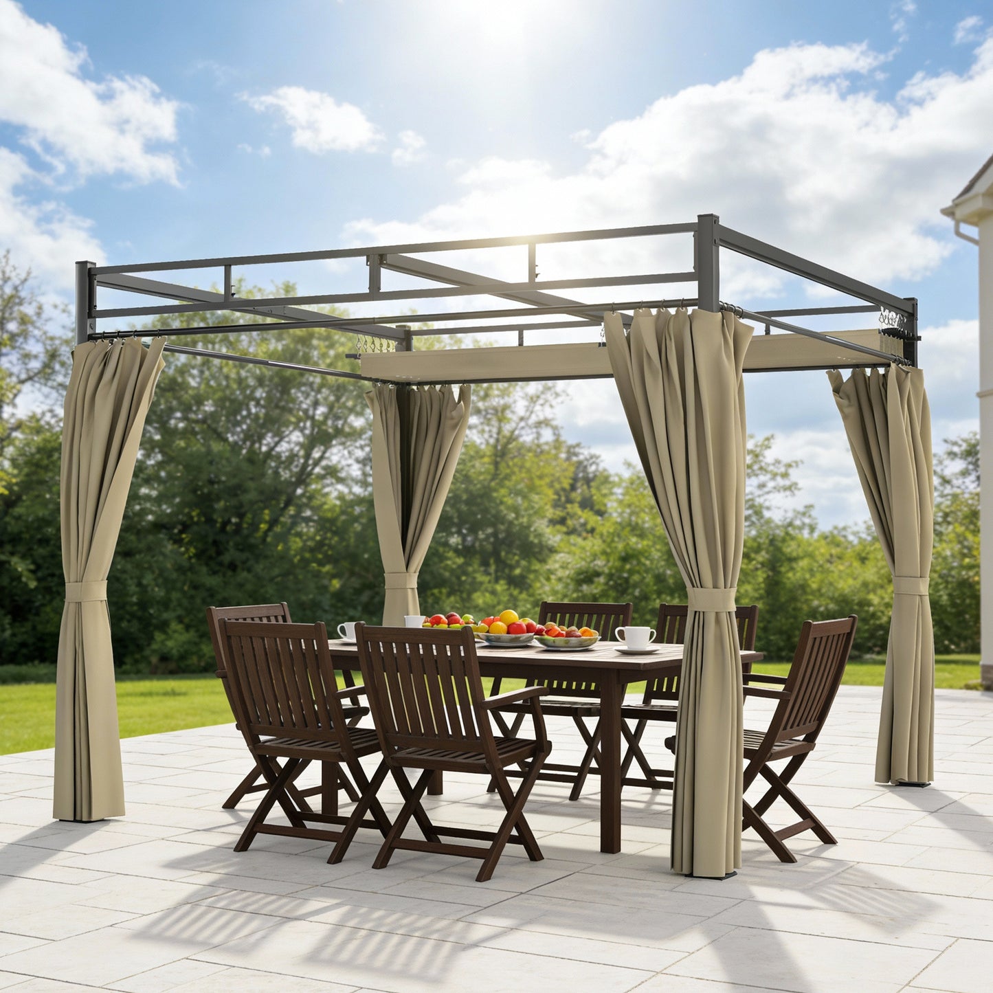 3 x 3 m Garden Pergola with Retractable Canopy, Curtains, Khaki