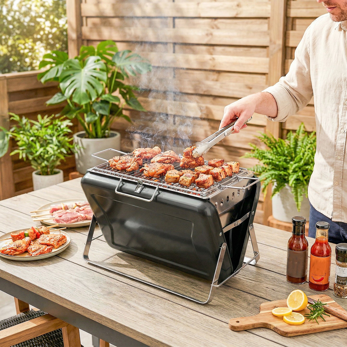 Charcoal BBQ Grill Portable with Tilting Grate Black