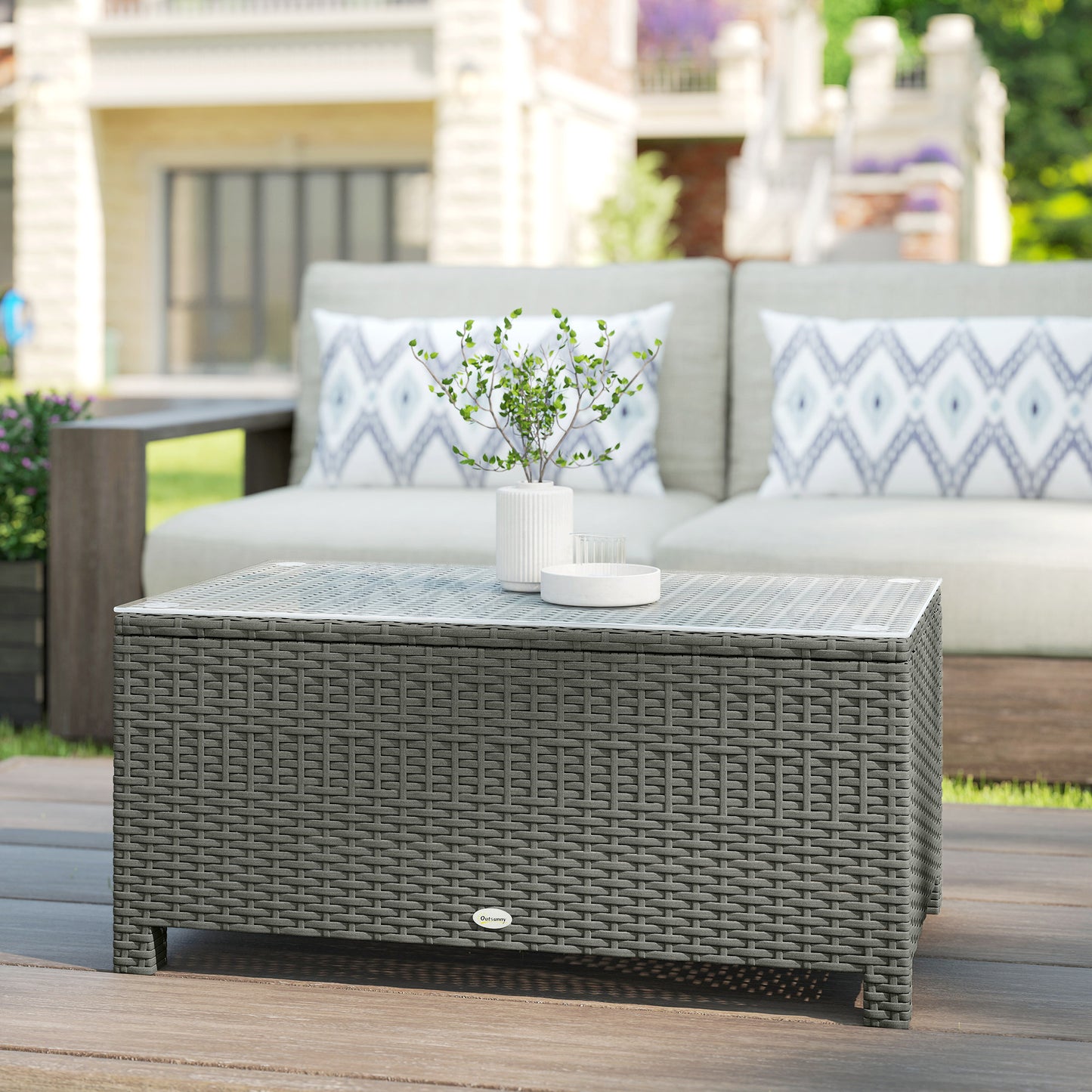 Garden Rattan Side Table, Wicker Coffee Desk, Glass Top, Light Grey