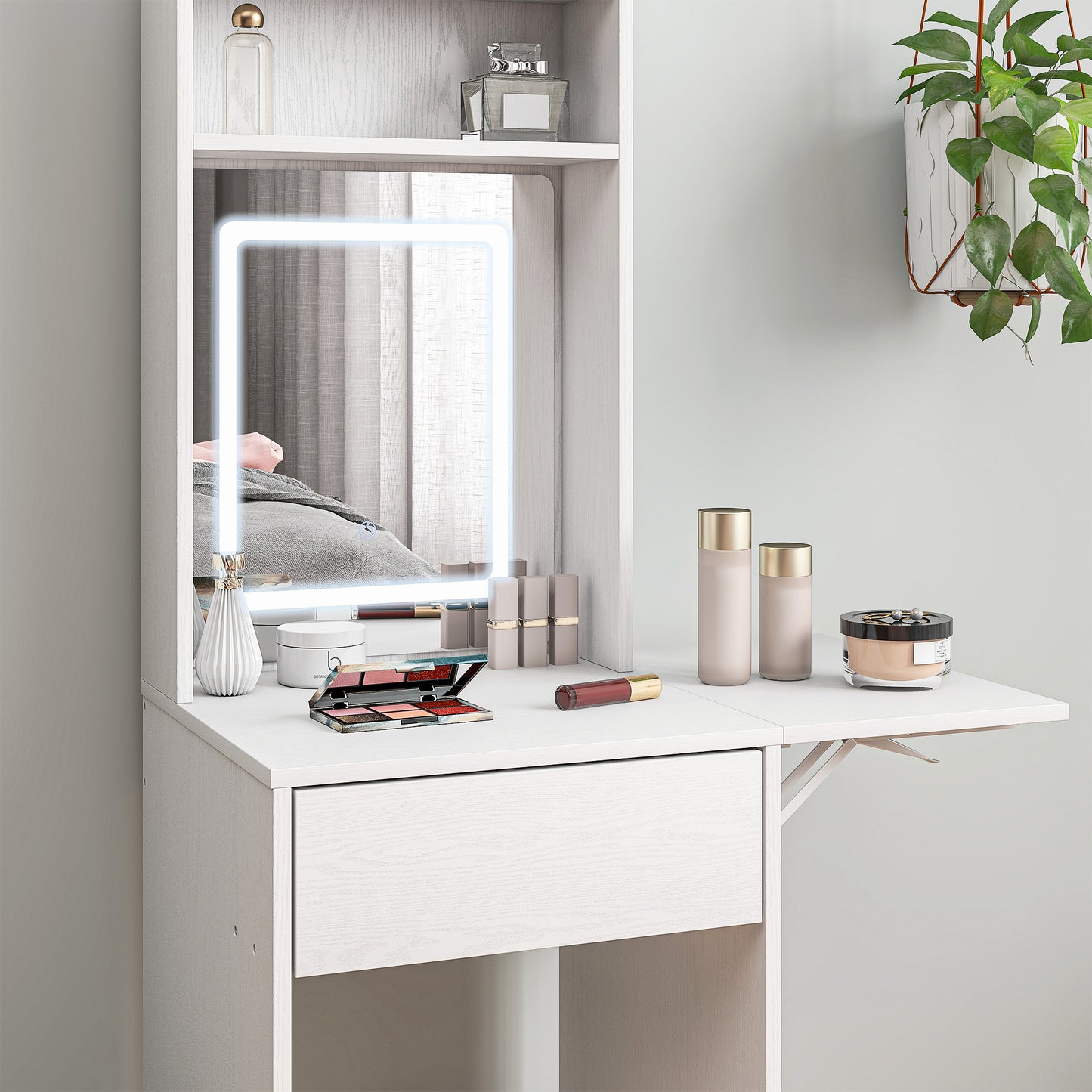 Compact Dressing Table with Lighted Mirror Open Shelves Drawer White