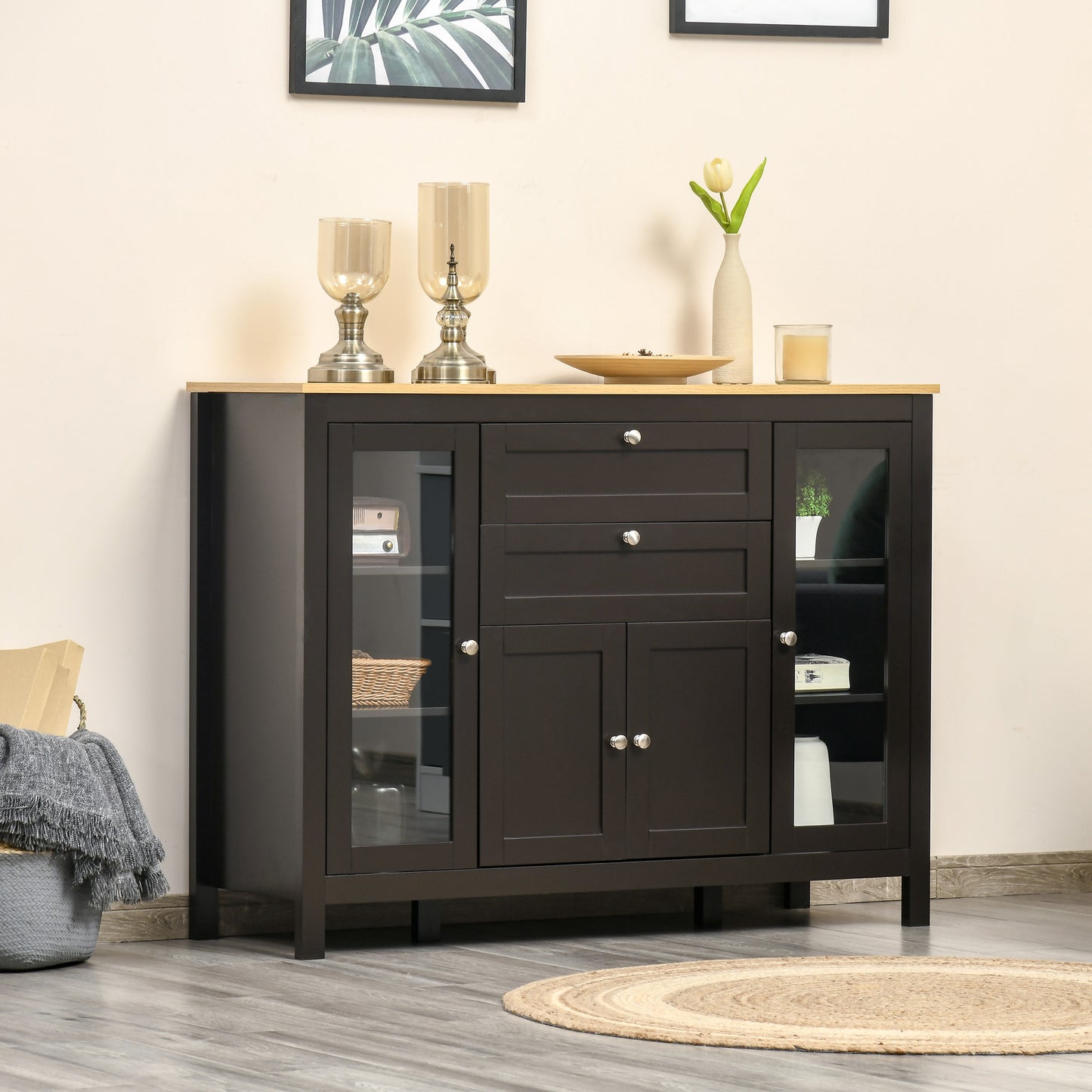 Modern Storage Cabinet with 4 Doors and 2 Drawers, Black Brown