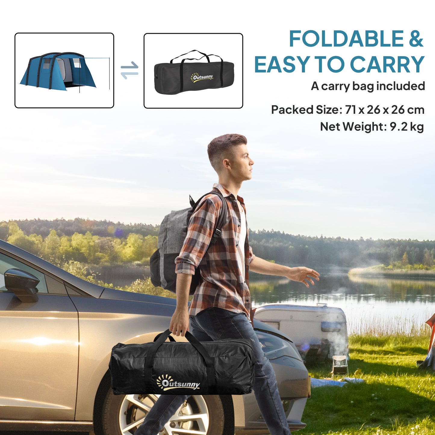 Inflatable 3-4 Man Tunnel Tent w/ Air Pump, Living Area, Blue