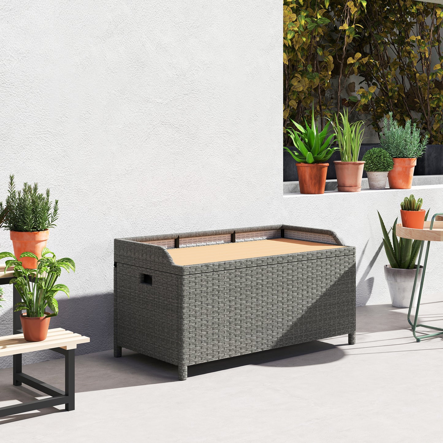 Rattan Outdoor Storage Bench with Aluminium Frame, Grey