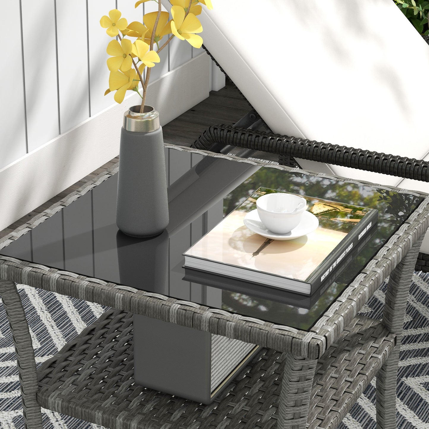 50cm Outdoor PE Rattan Coffee Table, Patio Wicker Two-tier Side Table with Glass Top, for Patio, Garden, Balcony, Grey