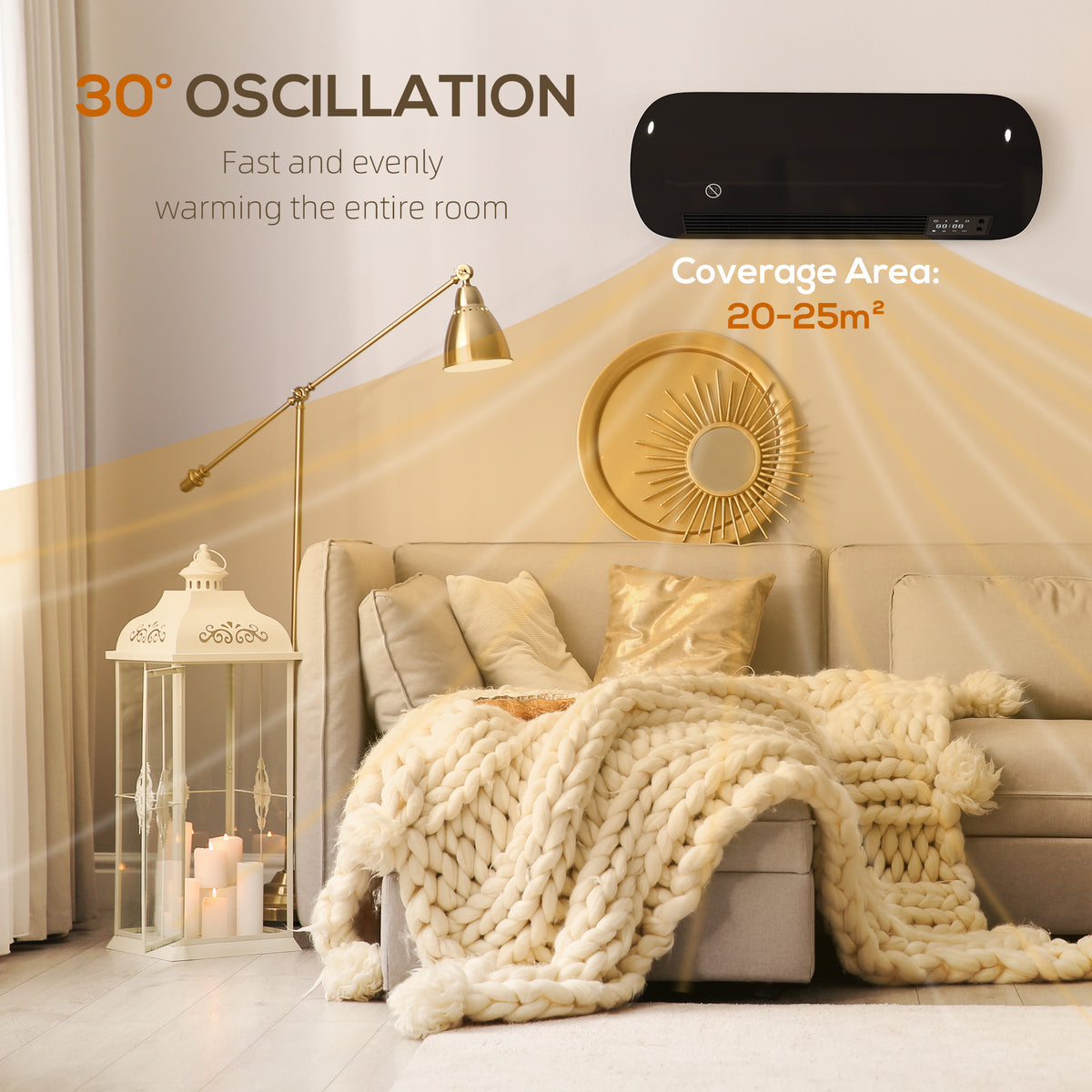1000/2000W Wall-Mounted Ceramic Heater with Weekly Timer, Remote Control and Oscillation - Black