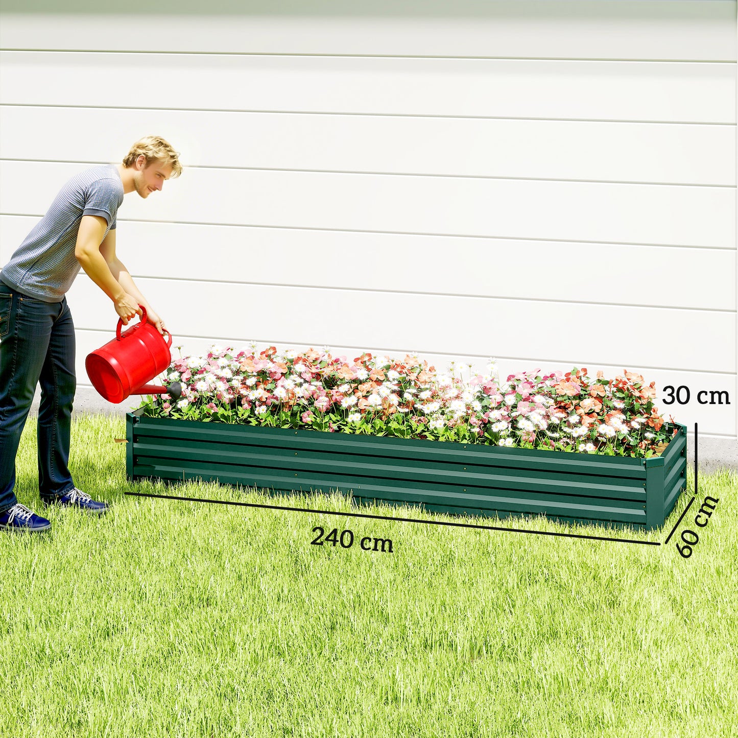 Galvanised Raised Bed for Garden, Rectangular Outdoor Elevated Planter Box with Safety Edging and Open Bottom for Growing Flowers, Herbs and Vegetables, 240 x 60 cm, Green