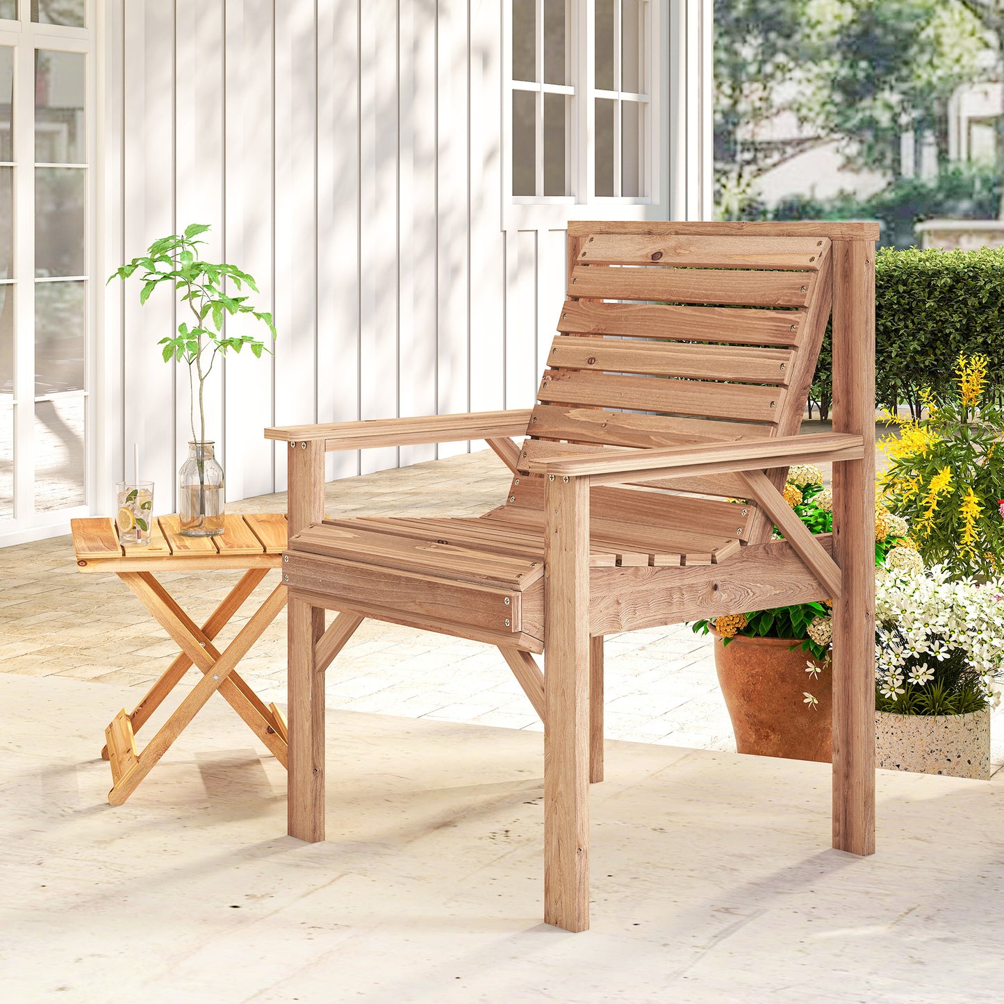 Wood Garden Chair Outdoor Dining Chair with Curved Seat, Natural
