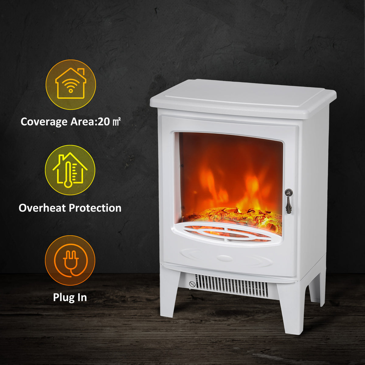 2000W Freestanding Electric Stove Fireplace with Flame Effect - White