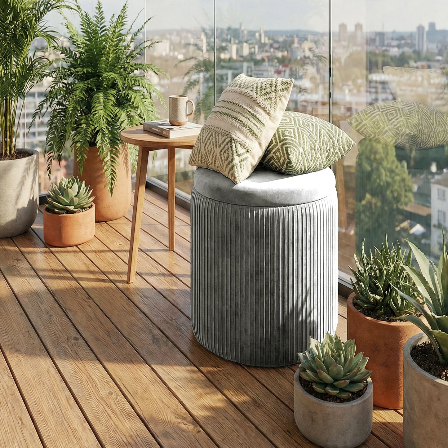 Round Storage Ottoman with Removable Top, Grey