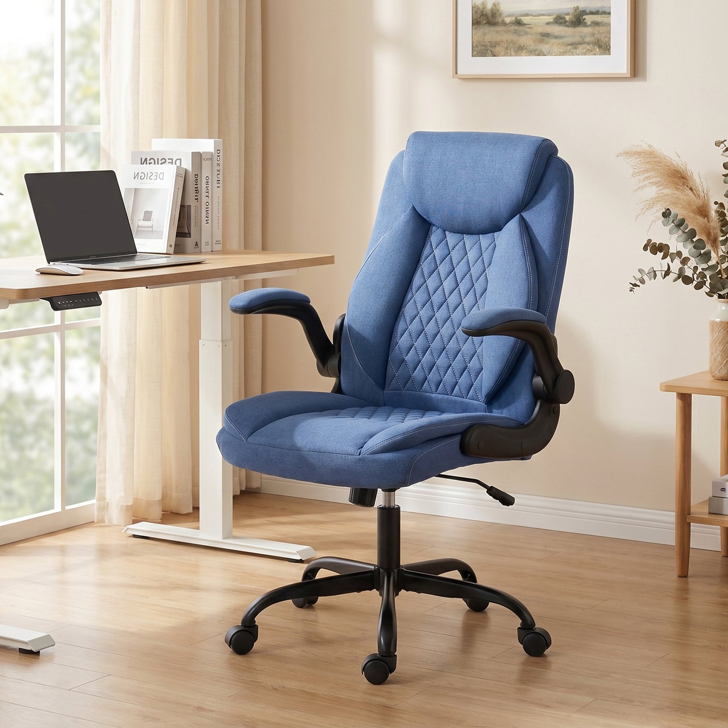 Linen-Look Computer Desk Chair with Thick Cushion, Blue