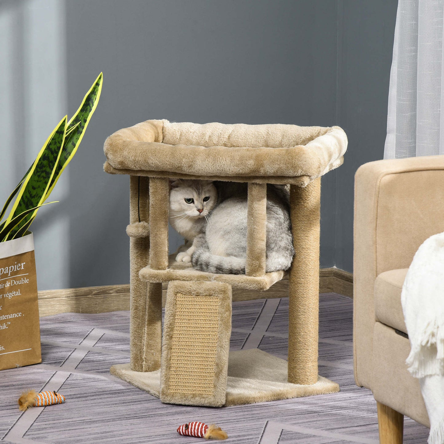 Cat Tree Activity Centre W/ Scratching Pad, Toy Ball, Cat House - Coffee