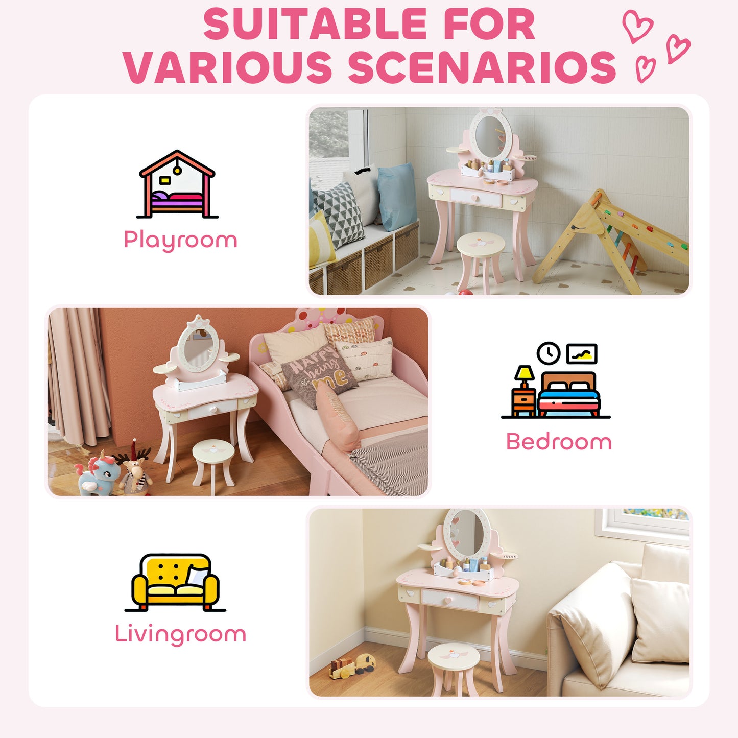 Kids Dressing Table, Girls Vanity Set w/ Stool, 7 Play Accessories