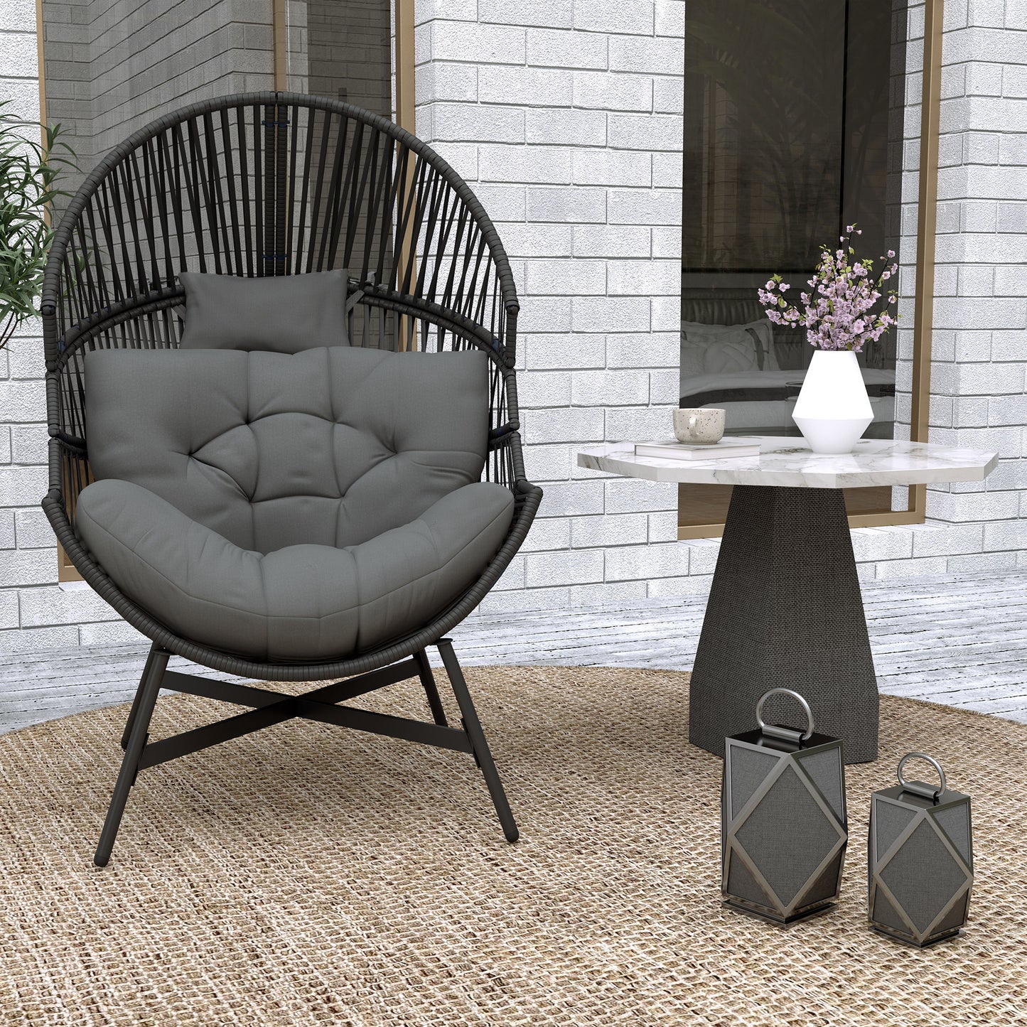 Standing Rattan Garden Egg Chair with Headrest, Charcoal Grey