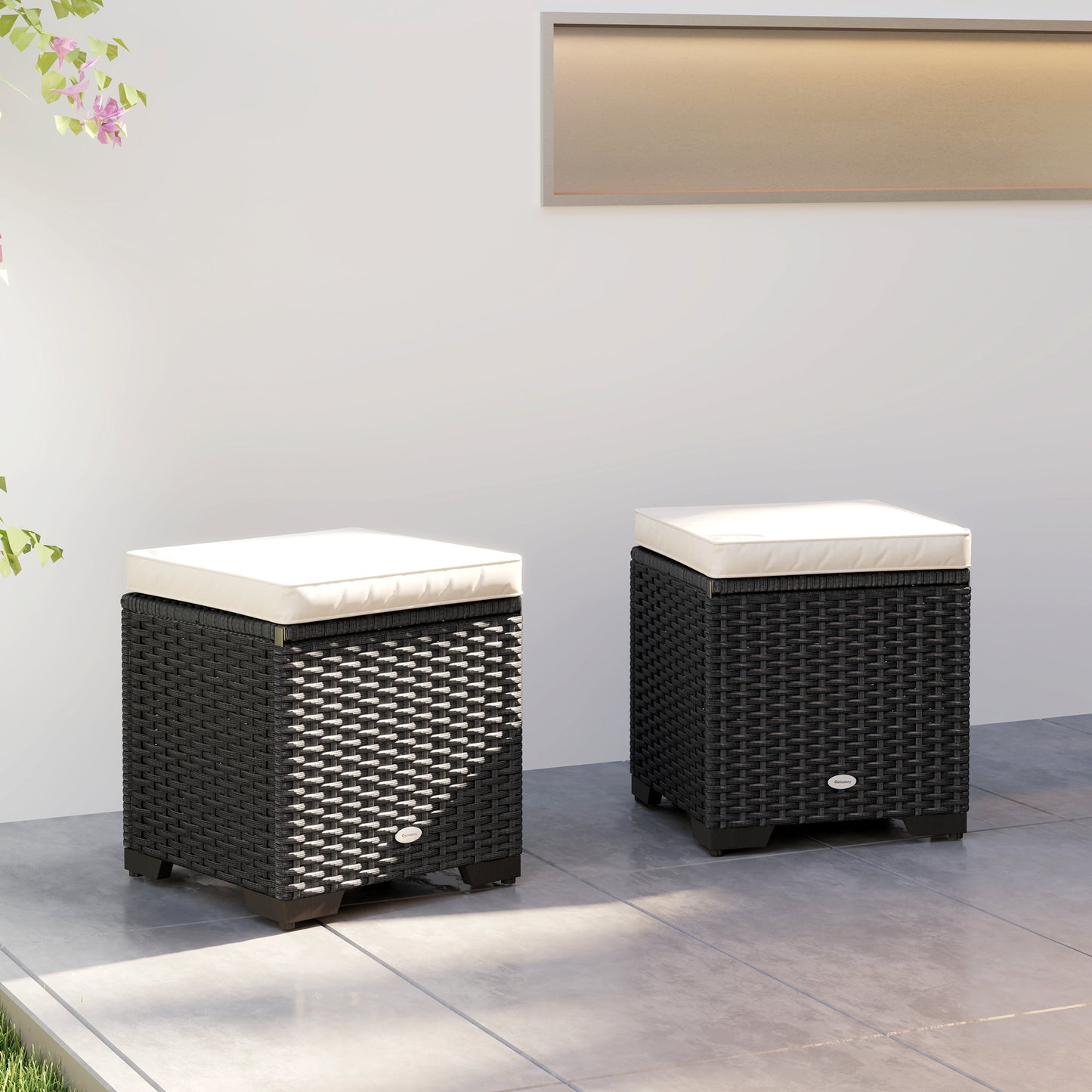 Set of 2 Rattan Footstool, Storage Ottoman w/ Cushions, Cream