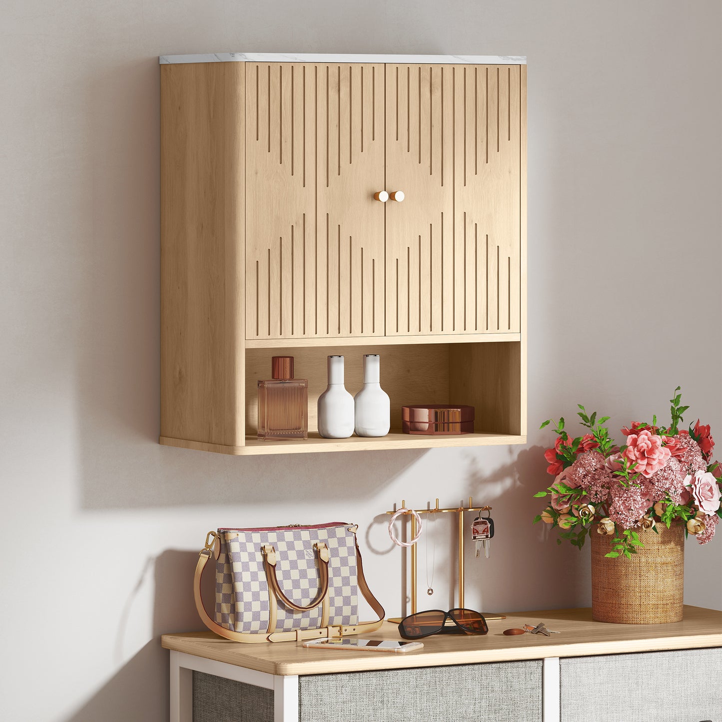 Bathroom Wall Cabinet with Adjustable Shelf and Open Shelf, Oak