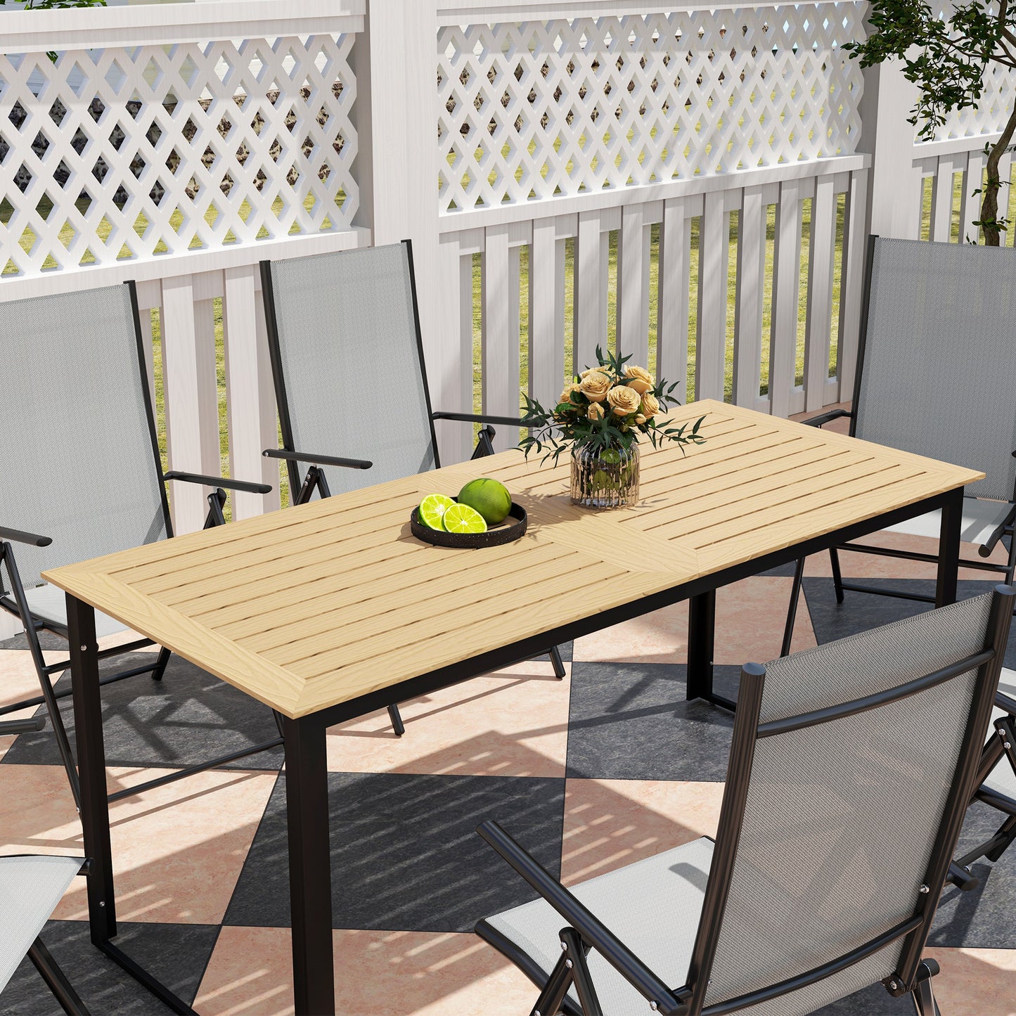 Garden Dining Table for 6 People with Slatted Table Top Metal Frame
