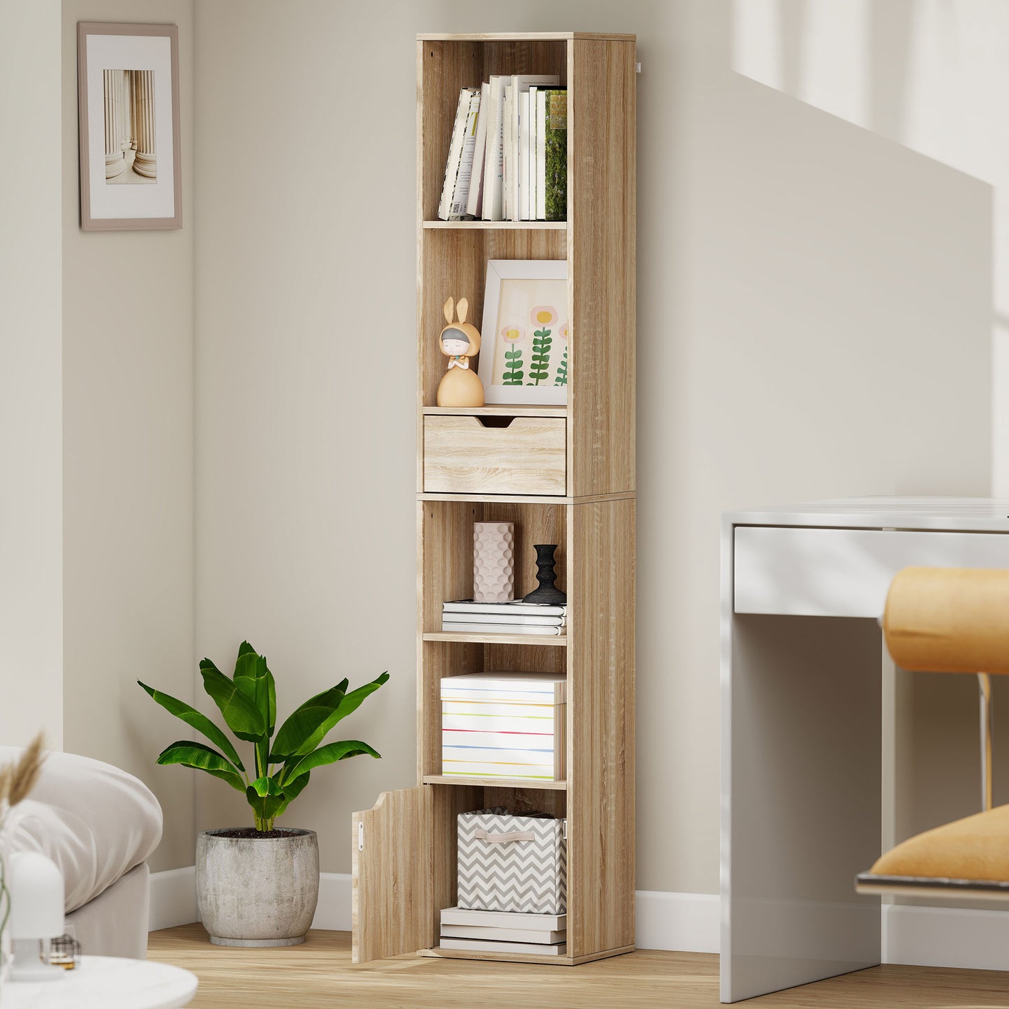 Narrow Bookshelf with Drawer, Tall Bookcase for Living Room, Natural